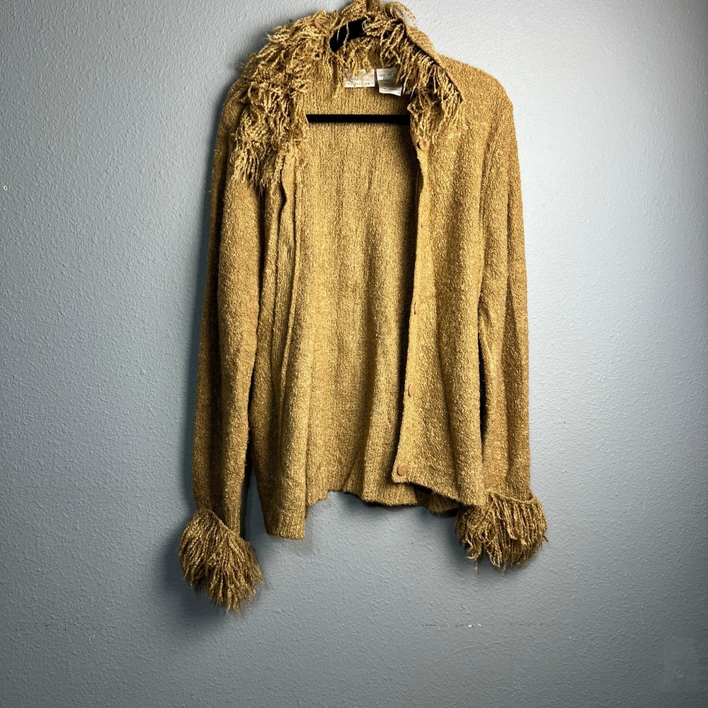 Kathie Lee Collection Ecletic Unique Lg Cardigan Sweater Gold Fringe Collar Cuff